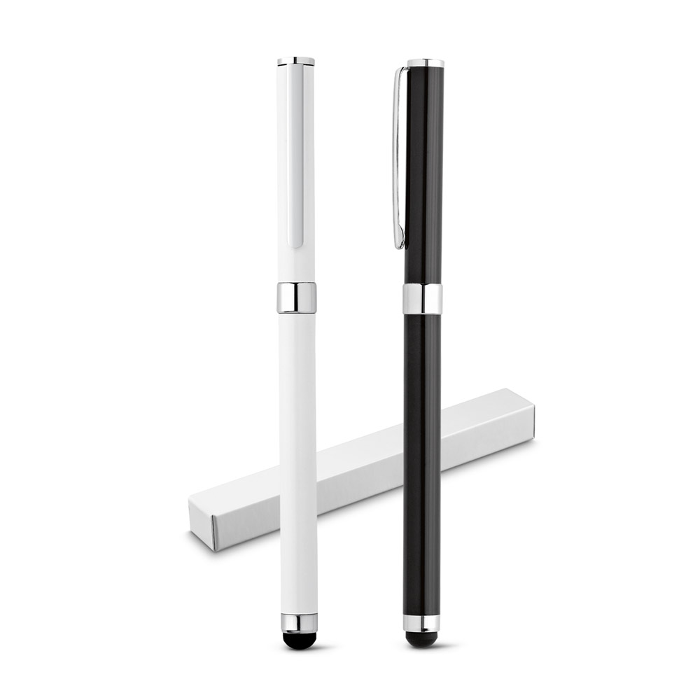 SPBrindes Corporativos - TOUCH. Caneta roller em metal com corpo brilhante e escrita em preto