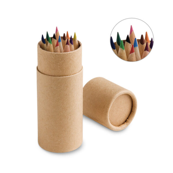 SPBrindes Corporativos - CRICKET. Caixa cilíndrica em papel kraft reciclado com 12 lápis de cor