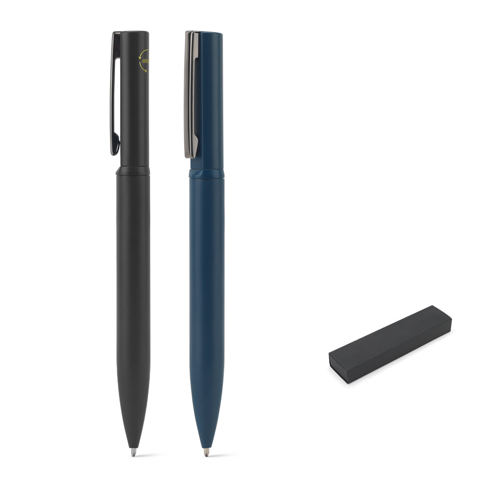 SPBrindes Corporativos - RODRIGUES. Caneta esferográfica elegante em metal 60% reciclado com escrita em azul