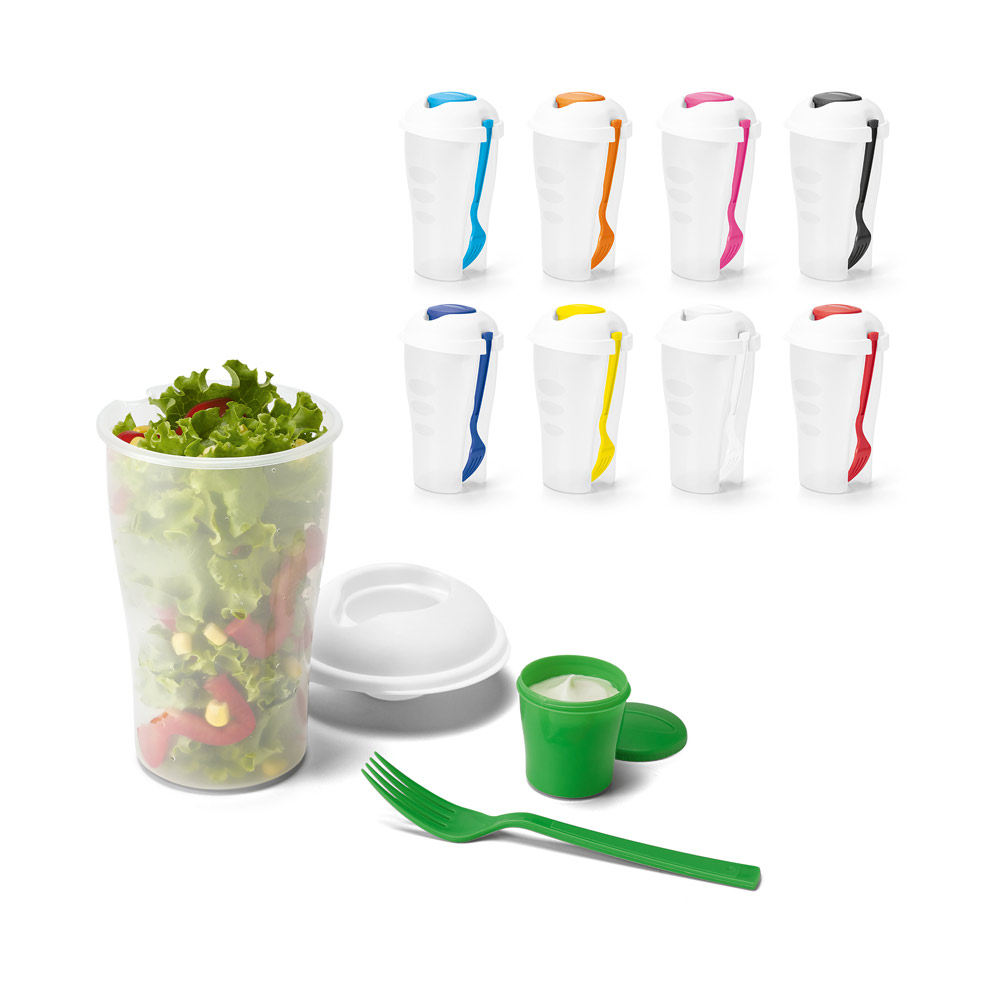 SPBrindes Corporativos - TURMERIC. Copo para salada em PP com garfo e molheira 850 mL