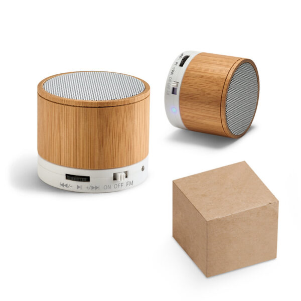 SPBrindes Corporativos - GLASHOW ECO. Caixa de som em bambu com microfone
