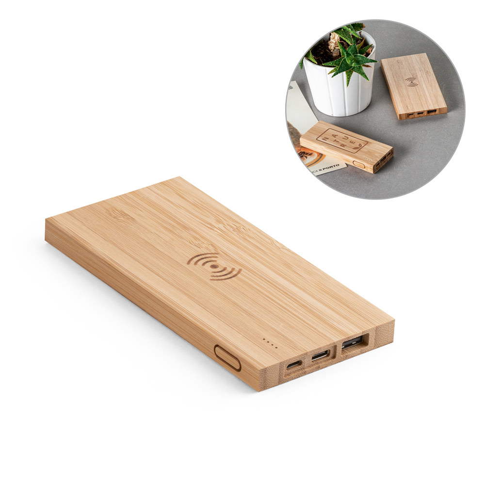 SPBrindes Corporativos - FITCH ECO. Bateria portátil com carregador por indução (wireless) super-rápido em bambu (5'000 mAh)