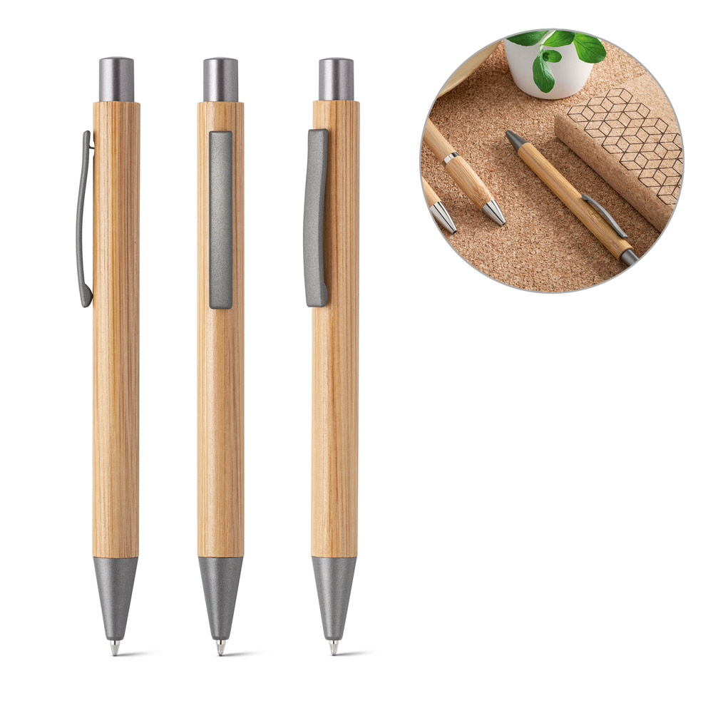 SPBrindes Corporativos - ELLIOT. Caneta esferográfica em bambu com escrita em azul