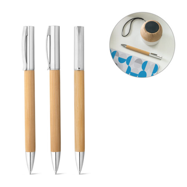 BEAL. Caneta esferográfica em bambu e ABS com acabamento metálico SPBrindes Corporativos - BEAL. Caneta esferográfica em bambu e ABS com acabamento metálico mate e escrita em azul