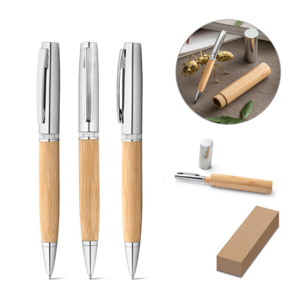 FUJI. Caneta esferográfica em bambu e metal com estojo em ABS e e SPBrindes Corporativos - FUJI. Caneta esferográfica em bambu e metal com estojo em ABS e escrita em preto