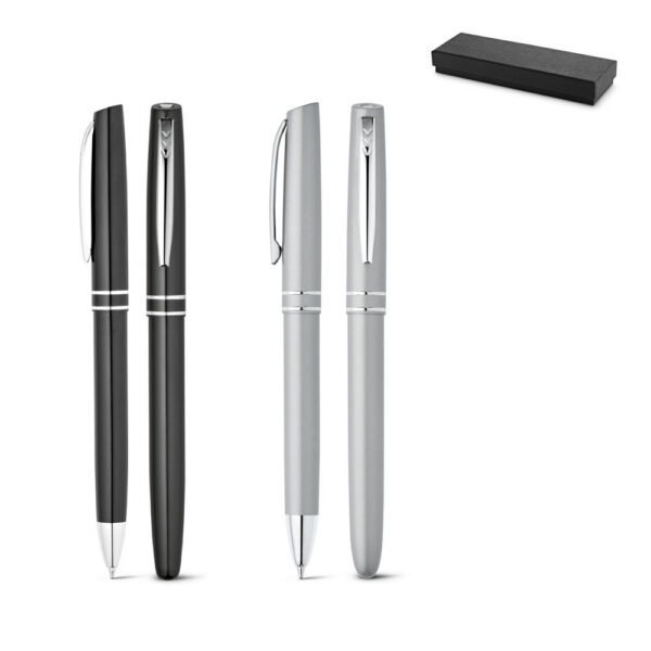 HALEY. Conjunto de canetas roller e esferográfica em alumínio com SPBrindes Corporativos - HALEY. Conjunto de canetas roller e esferográfica em alumínio com escrita em azul