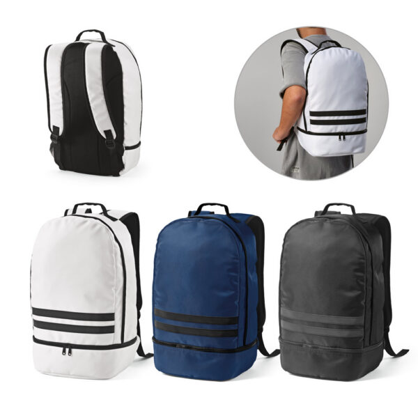 MANCHESTER. Mochila em poliéster reciclado 290T e sarja com compa SPBrindes Corporativos - MANCHESTER. Mochila em poliéster reciclado 290T e sarja com compartimento para sapatos (25 L)