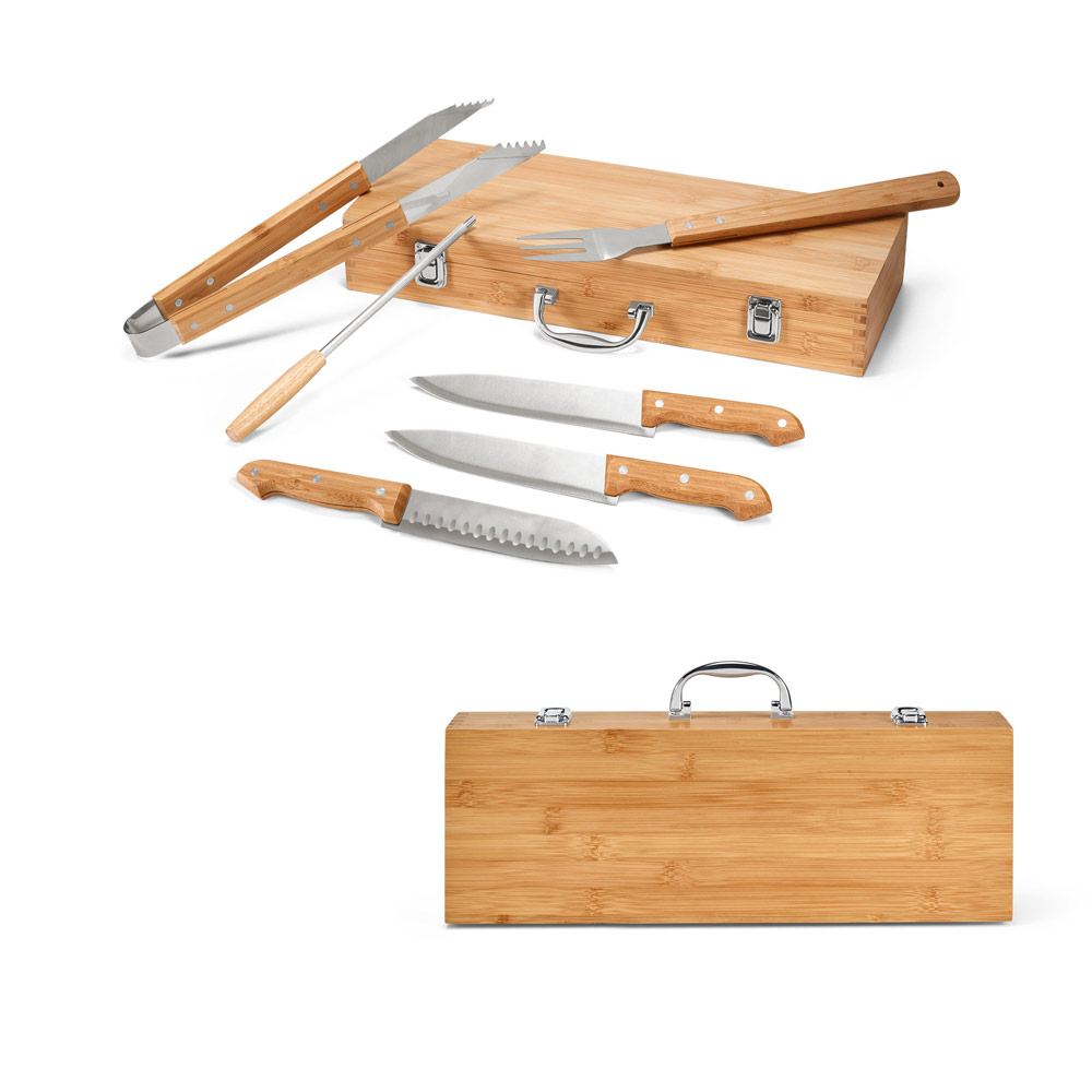 SPBrindes Corporativos - BOTTURA. Kit churrasco em estojo de bambu com 6 peças em aço inox e bambu