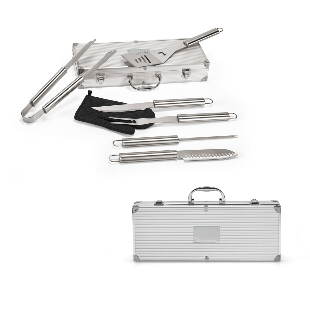 SPBrindes Corporativos - MACE. Kit churrasco em estojo de alumínio com luva de cozinha em poliéster e 6 utensílios em aço ino