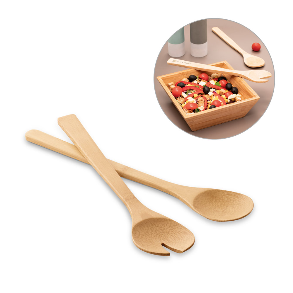 SPBrindes Corporativos - SALVY. Conjunto de 2 talheres para salada em bambu