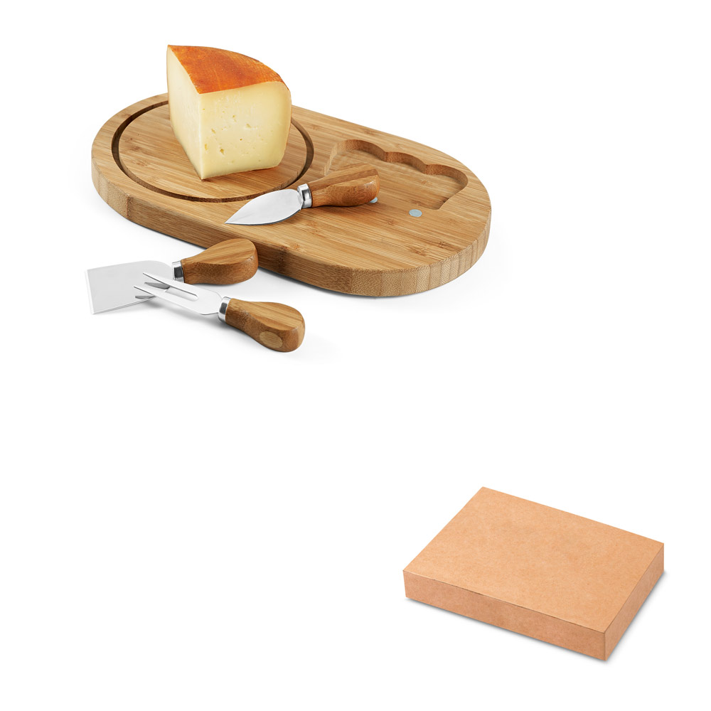 SPBrindes Corporativos - PALERMO. Tábua de queijos em bambu e aço inox com 3 utensílios