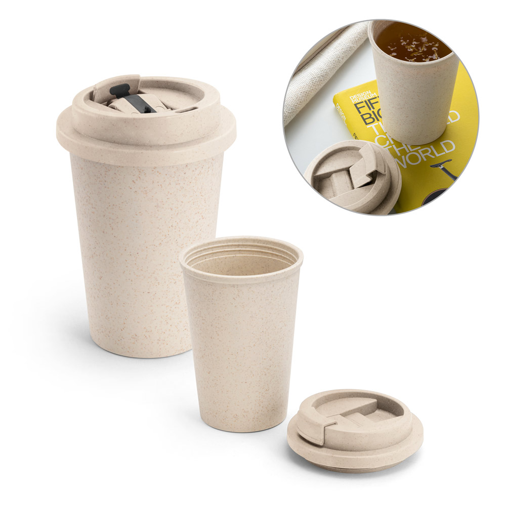 SPBrindes Corporativos - TOFFA. Copo de viagem em fibra de bambu (60%) e PP (40%) com tampa flip top (380 mL)