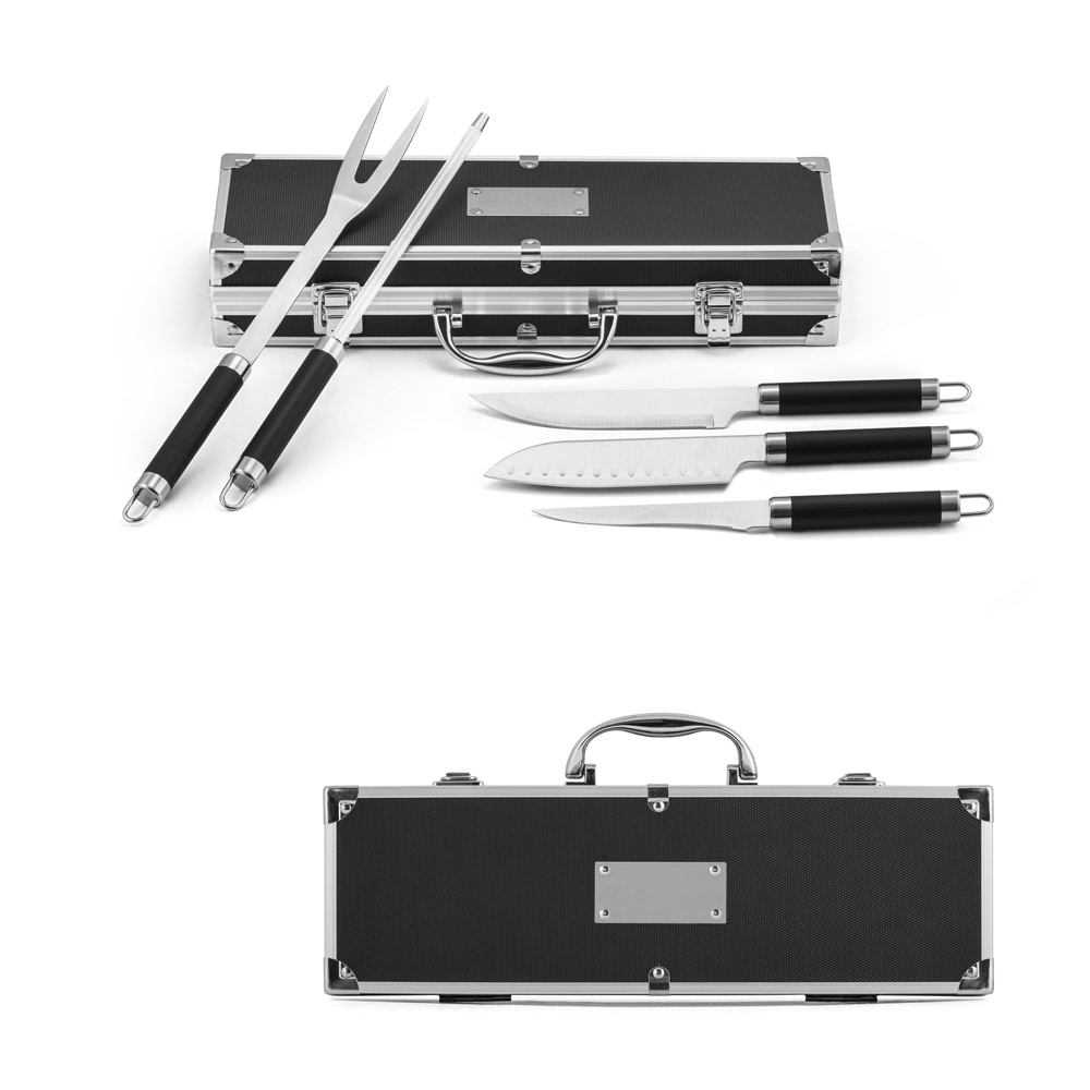 SPBrindes Corporativos - VALASTRO. Kit churrasco em estojo de alumínio com 5 utensílios em aço inox e alumínio