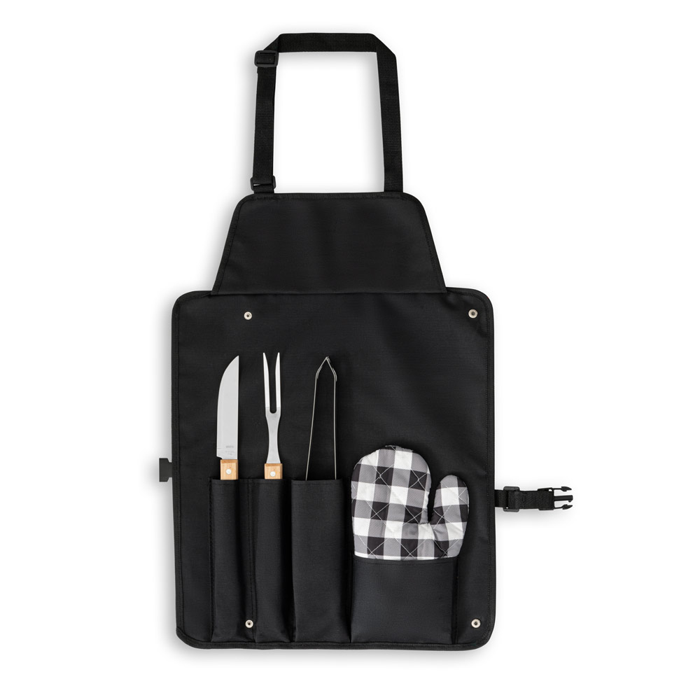 SPBrindes Corporativos - CHAMP. Kit churrasco com 3 utensílios em aço inox e madeira de Seringueira e luva