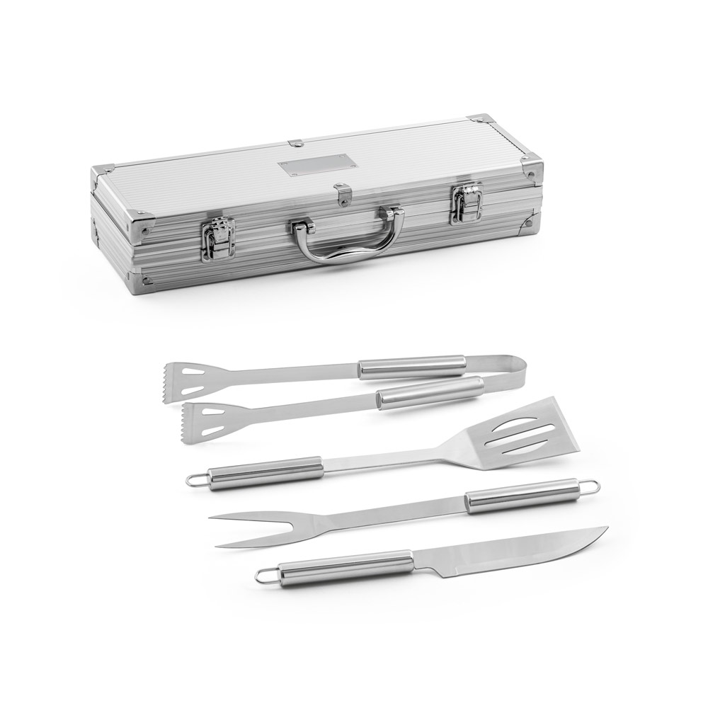 SPBrindes Corporativos - ANNATTO. Kit churrasco em estojo de alumínio com 4 utensílios em aço inox