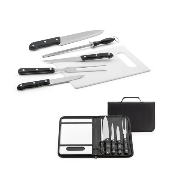 SPBrindes Corporativos - BOTALY. Kit churrasco em estojo de nylon 210D com tábua em PP e 5 utensílios em aço inox e PP