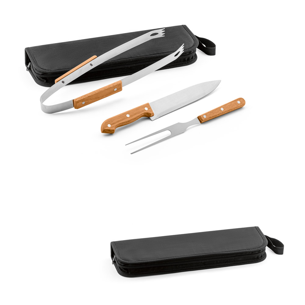 SPBrindes Corporativos - GARLIC. Kit churrasco em estojo de 210D com 3 utensílios em aço inox e madeira de Seringueira