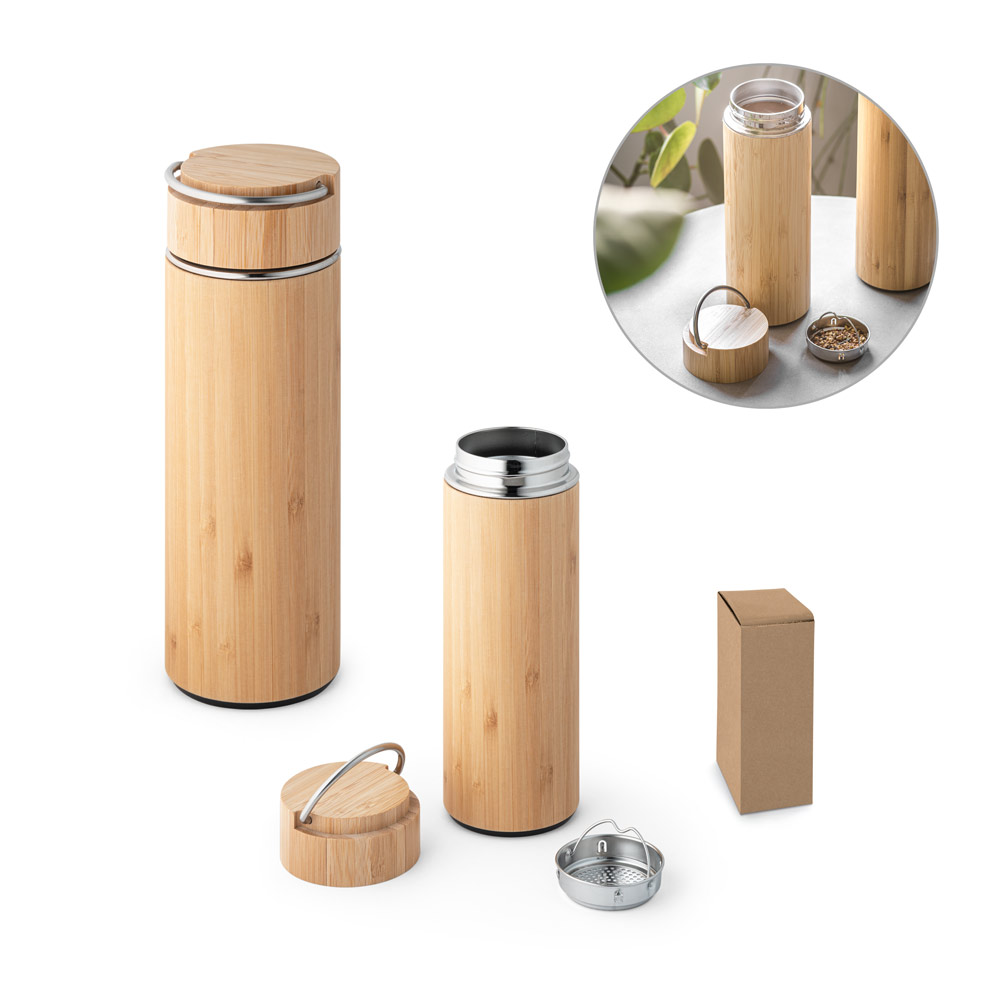SPBrindes Corporativos - SOW. Garrafa térmica em aço inox e bambu