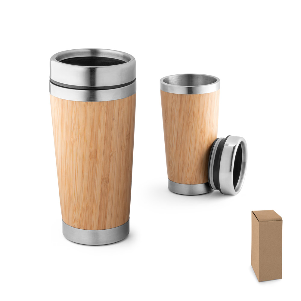 SPBrindes Corporativos - PIETRO. Copo de viagem térmico em aço inox e bambu