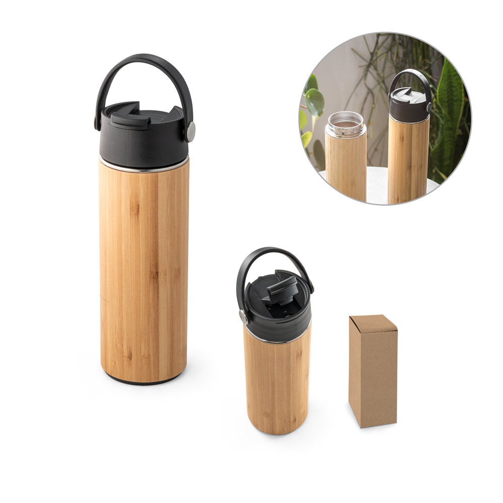 SPBrindes Corporativos - LAVER. Garrafa térmica em aço inox e bambu