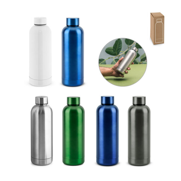 SPBrindes Corporativos - ODIN METTALIC. Garrafa térmica em aço inox 90% reciclado de parede dupla isolada a vácuo (550 mL)