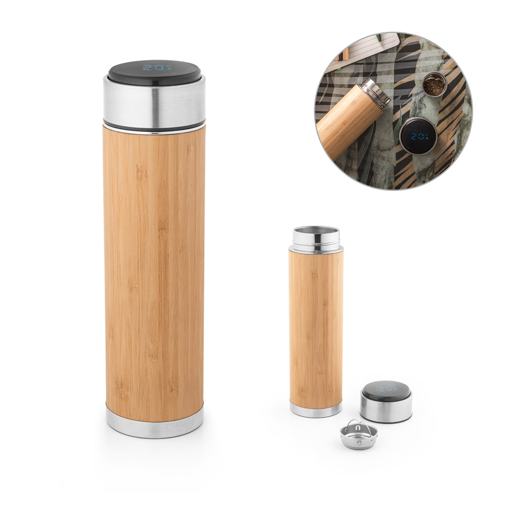 SPBrindes Corporativos - JOSHUA. Garrafa térmica em aço inox e bambu