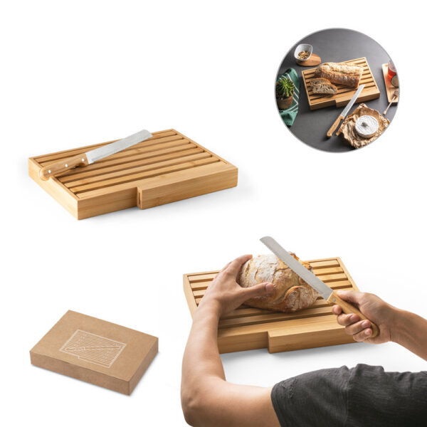 SPBrindes Corporativos - PASSARD. Tábua para pão em bambu com faca em aço inox