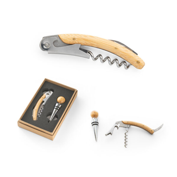 BARBERA. Conjunto de vinho com dois componentes em metal e bambu SPBrindes Corporativos - BARBERA. Conjunto de vinho com dois componentes em metal e bambu