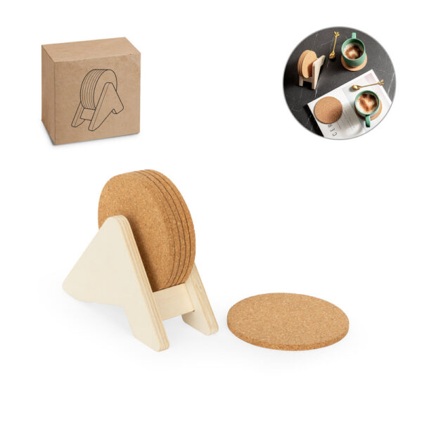 SPBrindes Corporativos - PLYCORK. Porta copos em madeira com 6 bases para copos em cortiça