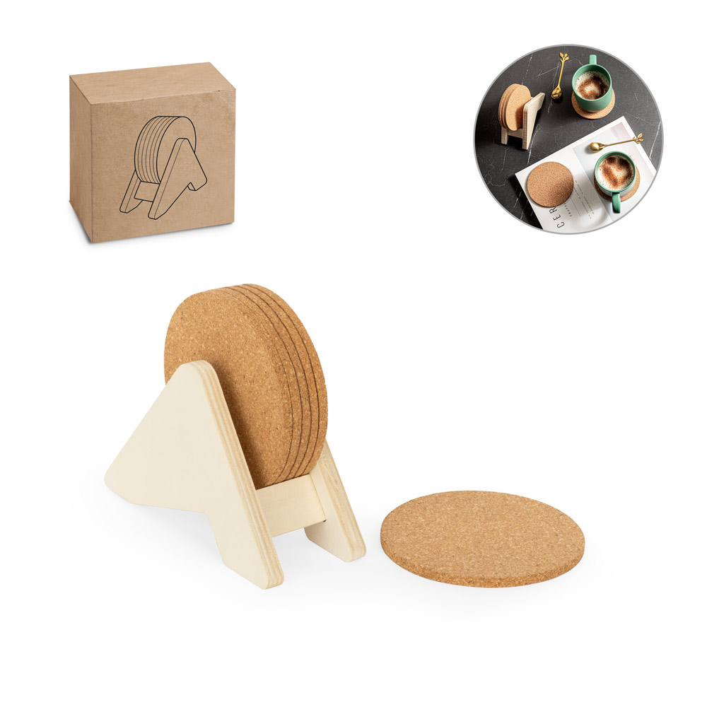 SPBrindes Corporativos - PLYCORK. Porta copos em madeira com 6 bases para copos em cortiça