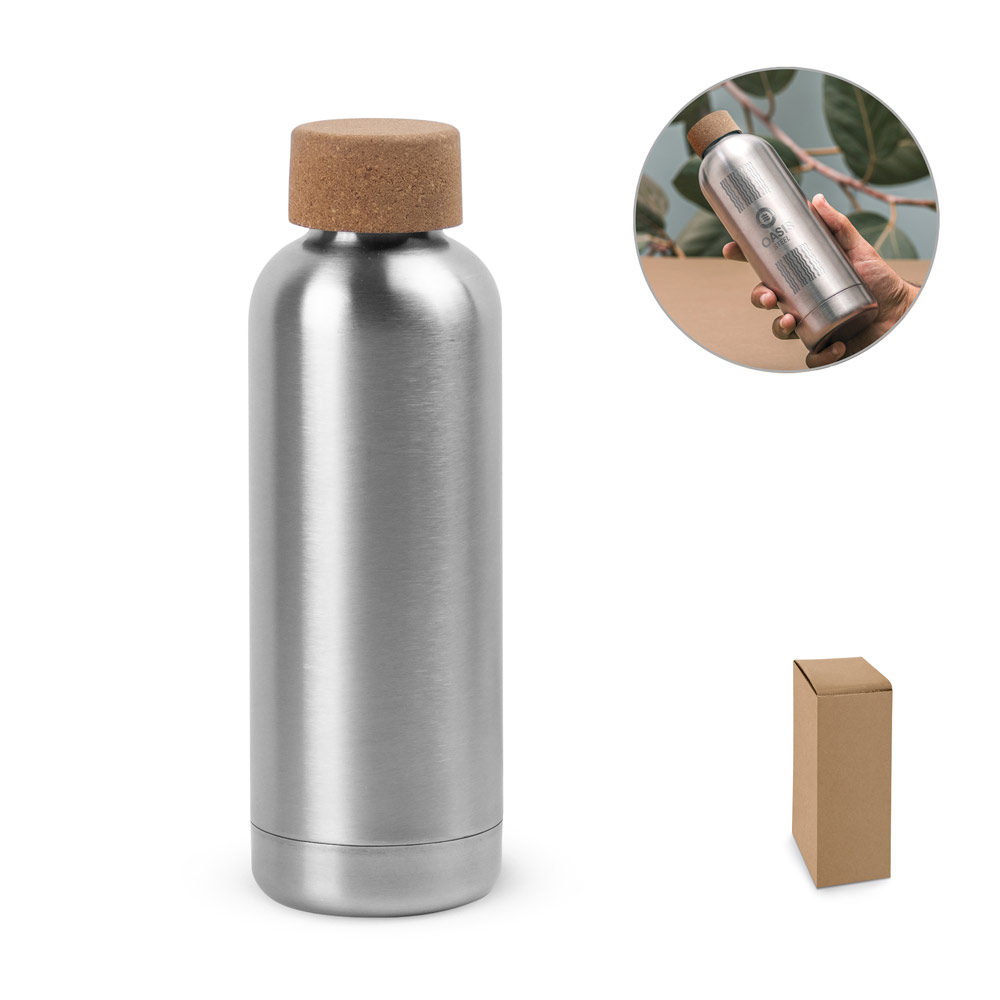 SPBrindes Corporativos - DALEY. Squeeze em aço inox de parede simples com tampa em cortiça (760 mL)