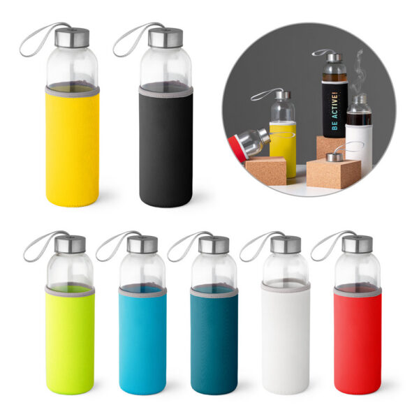 SPBrindes Corporativos - RAISE. Squeeze em vidro e tampa em aço inox com alça (520 mL)