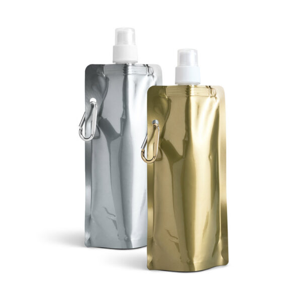 GILDED. Squeeze dobrável em PE com bico de sistema "push-pull" e SPBrindes Corporativos - GILDED. Squeeze dobrável em PE com bico de sistema "push-pull" e acabamento metalizado (460 mL)
