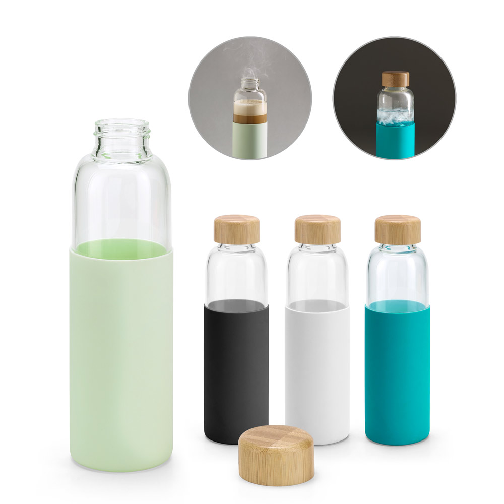 SPBrindes Corporativos - DAKAR. Squeeze em vidro borossilicato com tampa em bambu (600 mL)