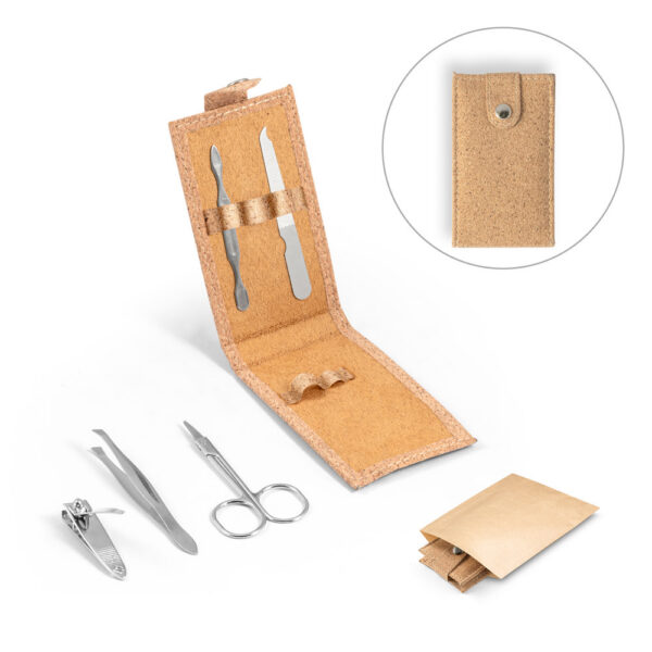 SPBrindes Corporativos - ZENA. Conjunto de manicure em cortiça com peças em aço inox