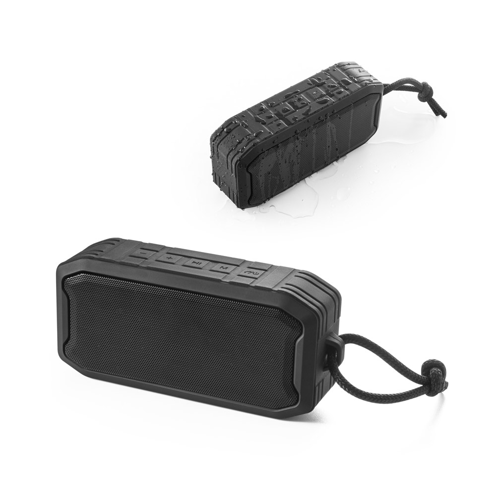 SPBrindes Corporativos - SHEERAN. Caixa de som portátil à prova de água (IPX7) com autonomia de 9h (1'200 mAh)