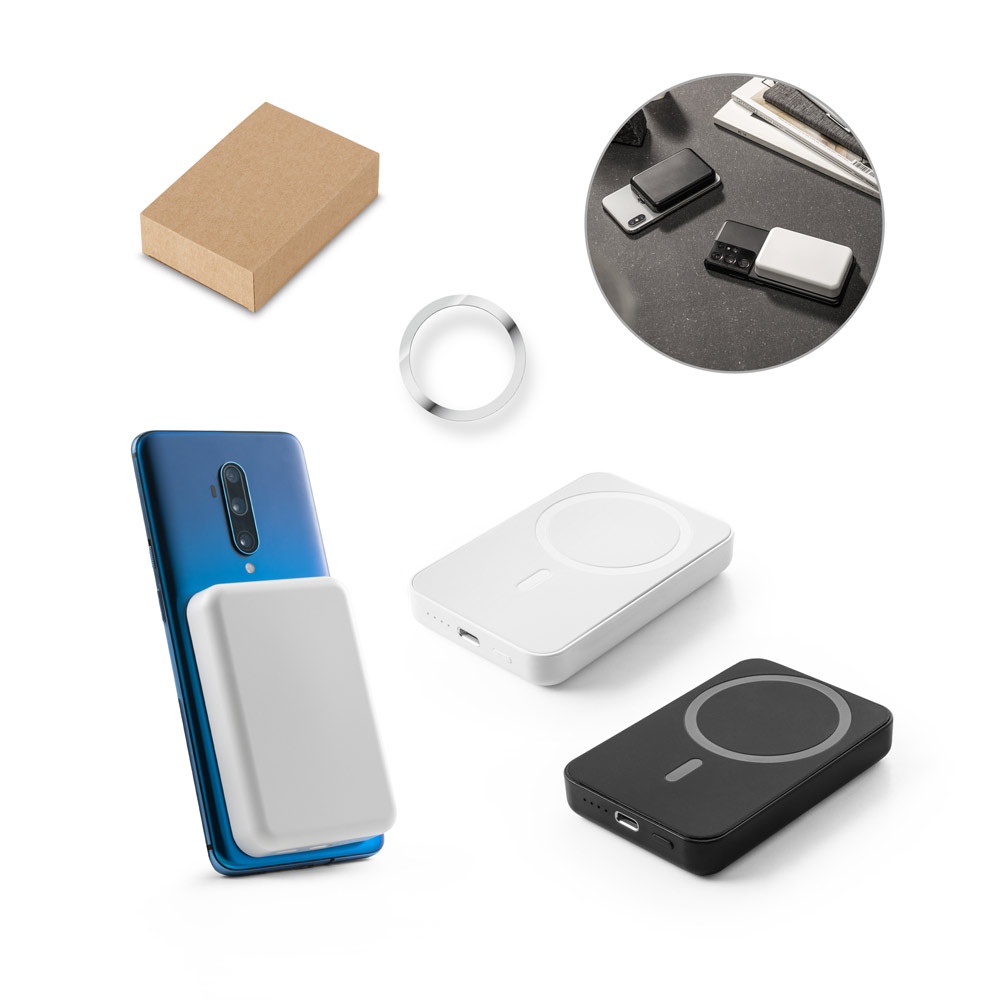 SPBrindes Corporativos - AMPERE 5. Bateria portátil magnética com carregador por indução super-rápido (5'000 mAh)