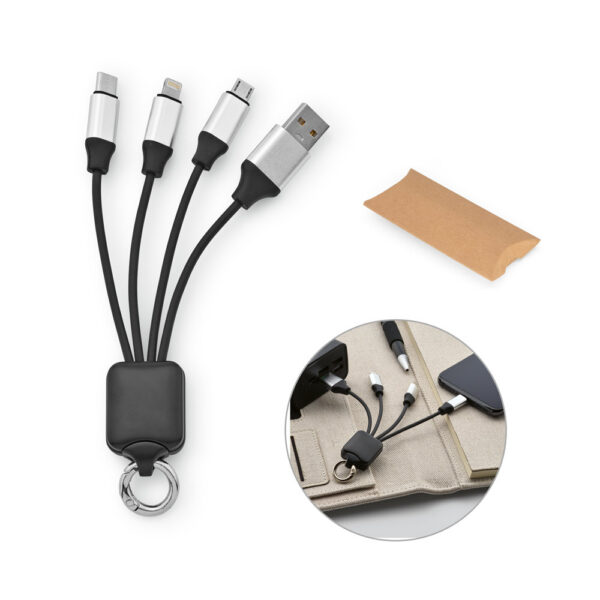 SPBrindes Corporativos - YALOW. Cabo USB de carregamento rápido 3 em 1 com corpo em PET 100% reciclado