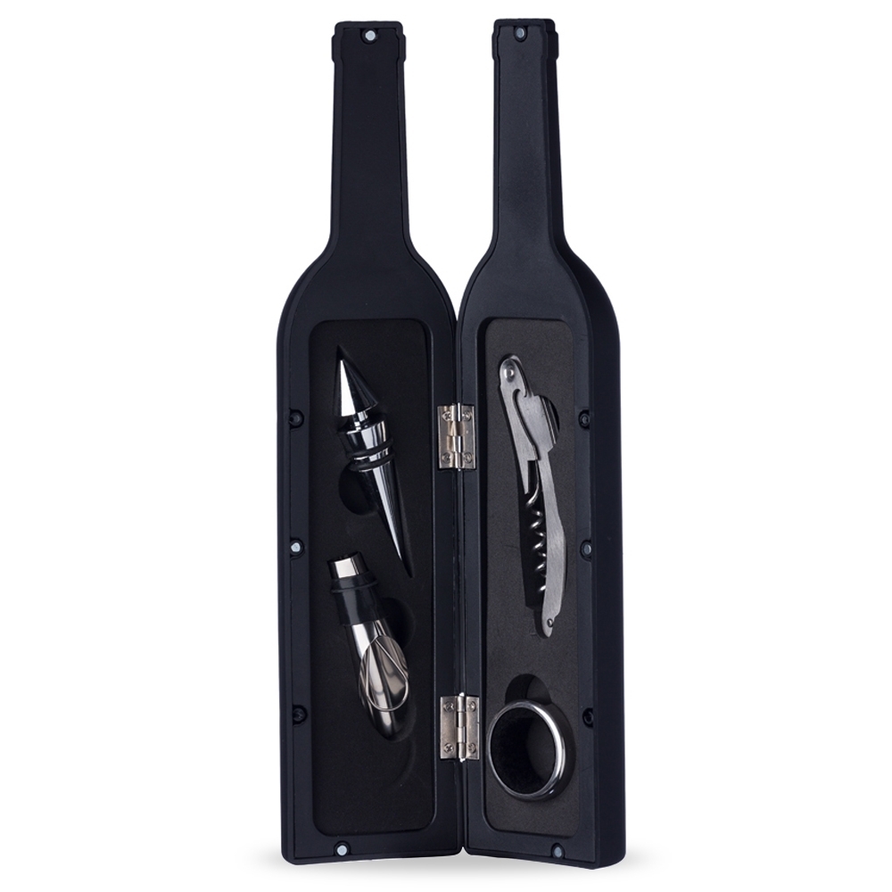 SPBrindes Corporativos - KIT VINHO PLÁSTICO RESISTENTE 4 PEÇAS FORMATO GARRAFA